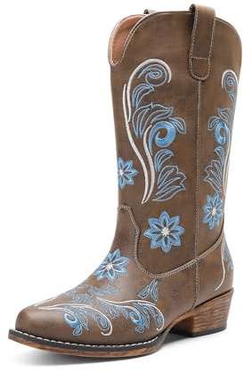 DREAM PAIRS Botas vaqueras occidentales de media pantorrilla para mujer, punta cuadrada, bordadas, cosidas, con tacón bajo y grueso, Marrón oscuro, 39 EU