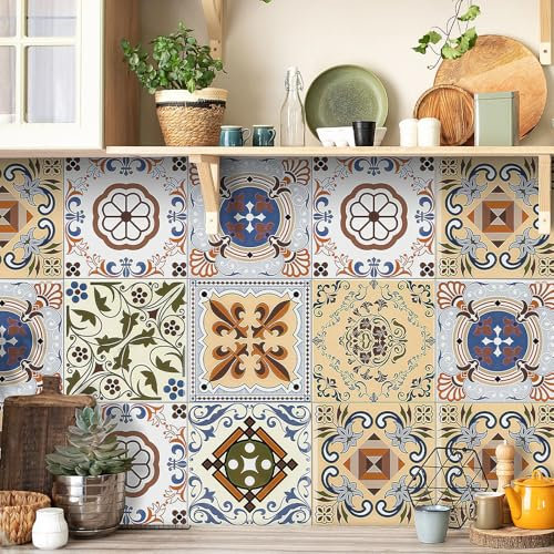 sulanmo 24 Stickers Carrelage Mural, Carrelage Stickers Cuisine Decoratif de Style Bohémien, Autocollant de Carreaux Muraux Étanche pour Cuisine Salle de Bain Salon, 15 × 15 cm