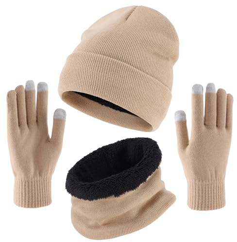 Connectyle Fleece Lined Winter Set for Men & Women, Knit Warm Beanie Hat, Neck Warmer Loop Scarf and Touchscreen Gloves (Khaki)