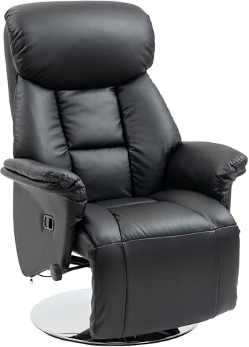 HOMCOM Fauteuil de Relaxation Fauteuil Relax Inclinable Pivotant Noir | Repose-Pied Réglable, Accoudoirs, Chaise TV, Cuir Synthétique, Jusqu'à 150 kg, pour Salon Chambre Home Cinéma