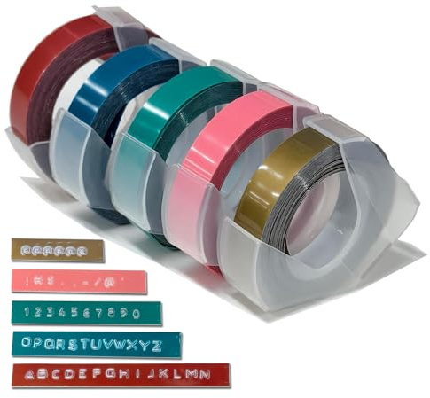 VolenGo Color Embossing Tapes for Omega-S Label Maker, Compatible with Dymo | 9mm 3D Vinyl Self-Adhesive Embossed Labels, for Embossing Label Maker, White on Pink/Green/Blue/Gold/Red, 9mm x 3m, 5-Roll