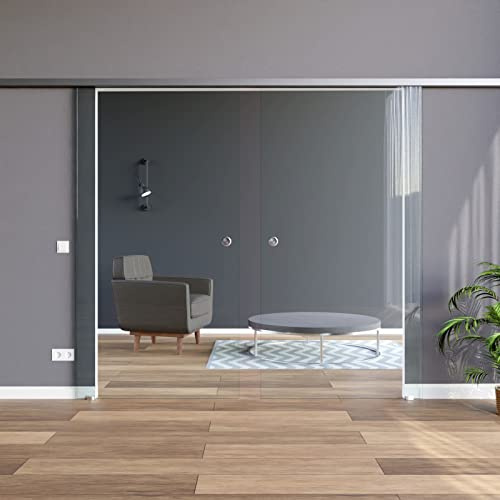 BC-775-2-AS-DPL: Schiebetürsystem doppelflügelig ESG 2x775x2175x8mm, zeitloses klares Glas, ohne Dekor; Schienensystem ALU SlimLine SoftStop; Griffmuschel