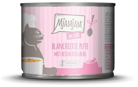 MjAMjAM - Nourriture Humide de qualité supérieure pour Chats - Dinde blanchie, avec Beaucoup de Saumon en Sauce, 1 Paquet (1 x 185 g), sans céréales avec Beaucoup de Viande