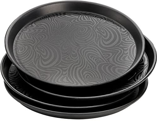 Hacaroa 4 Pack Round Restaurant Serving Trays, 29.5 cm Plastic Food Service Trays Non-Skid Food Platter for Cafeteria, Bar, Coffee Shop, Hotel, Tailed Lines, Black