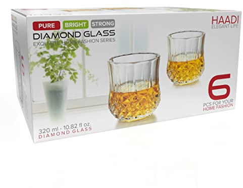 Set of 12 Diamond Cut Drinking Glasses 320ml, Lead-Free Crystal Water Tumblers with Heavy Base, Dishwasher Safe Glass Cups for Water Juice Whiskey Gin Home Bar Dining Use