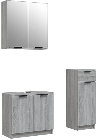 vidaXL Set de Muebles de Baño 3 Piezas Armario Espejo Aseo Tocador Lavabo Estante Almacenamiento Pared Madera Contrachapada Gris Sonoma