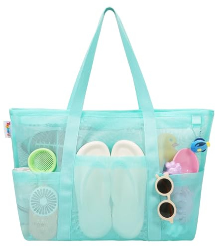 Tagitary Mesh Beach Bag with Zipper, Blue Large Tote Waterproof Sandproof with 8 Pockets for Beach Toys Storage Swim Pool Accessories for Vacation Sports Camping Picnic Travel Bag