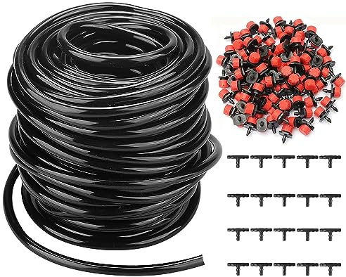 XSQD 25m Bewässerungsschlauch, 4 / 7mm Micro Drip System Verbindungsrohr, Schwarzer Tropfschlauch, UV-stabilisiert, Flexibles Zuleitungsrohr für Landwirtschaft Rasen Garten Bewässerung