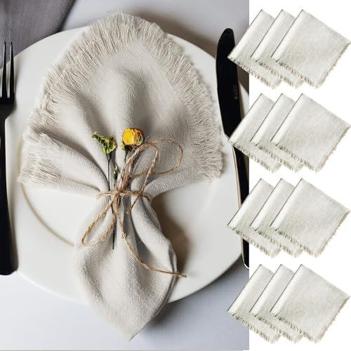 Aiuuee 12 Stück Stoffservietten Beige 45x45cm, Schwere Baumwolle Servietten mit Fransen, Waschbar Servietten Stoff Beige Tischservietten für Hochzeit Familienessen Partys Geburtstag