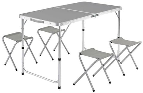 LOLAhome Mesa Plegable de Camping Con 4 Taburetes y Asa - Maletín Para Playa, Picnic - Aluminio y Loneta Gris - Regulable en 3 Niveles de Altura - 60x120x70 cm