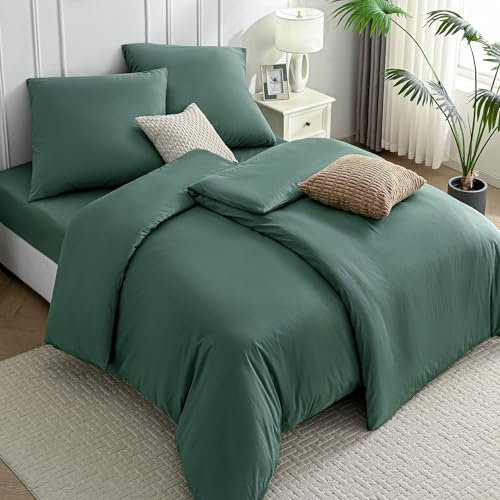 JELLYMONI Bettwäsche 135x200 Baumwolle 4-Teilig Bettwäsche-Sets Dunkelgrün Oeko-Tex 100% Gewaschene Baumwolle 2 Bettbezüge mit Reißverschluss und 2 Kissenbezüge 80X80 mit Umschlag 4tlg. Bettwäsche