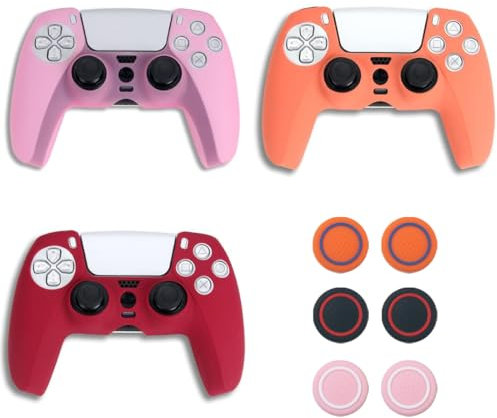 VPOUERY 3 Pezzi Per Controller PS5 Set di impugnature per la pelle Custodia protettiva in silicone antiscivolo per Playstation 5 Kit di accessori per controller wireless Fornito con 6 keycaps