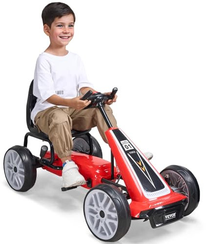 VEVOR Kids Pedal Go Kart, 4 Wheel Off-Road Pedal Go Cart Ride On Toy for Kids, Steering Wheel, Adjustable Seat, Hand Brake, EVA Wheels, Outdoor Racer Ride On Pedal Car for Boys & Girls Ages 5-12, Red