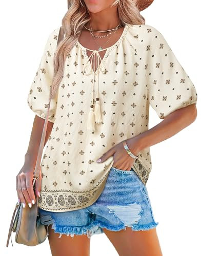 Cerrlop Bohemian Tunika Sommer Kurzarm: Lässige Sommerbluse Strandurlaub - Hawaii Sommeroutfit Damen - Leinen Bluse Sommer für Strand und Urlaub