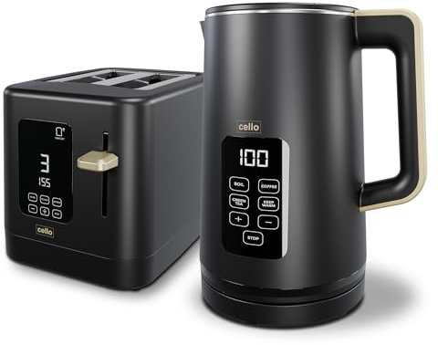 Black 800W 2 Slice Toaster, 1.7L 3000W Digital Kettle | Toaster with Detachable Crumb Tray, Digital Control Panel with Countdown Timer, BPA-Free Auto Shut-off Electric Temperature Control Kettle