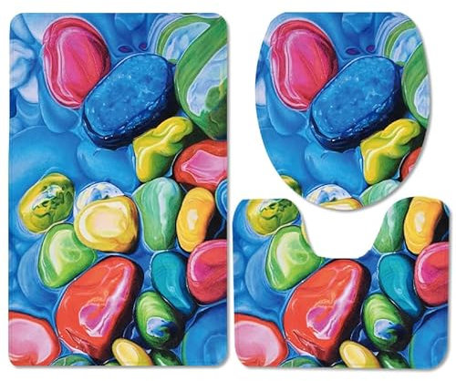 Badezimmerteppich Rote Blaue Steine WC Vorleger mit Ausschnitt WC Deckelbezug 3 Teiliges WC Teppich rutschfeste Badgarnitur U förmiger Badematte Waschbar Bad Teppiche Set 50x80 cm