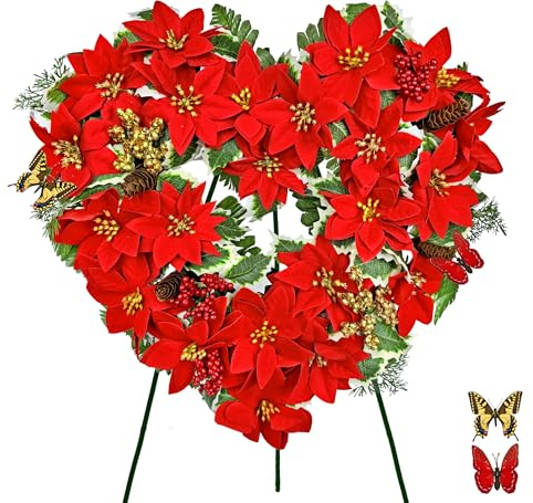 HENOMO Silk Christmas Cemetery Wreaths -Memorial Standing Heart, Funeral Floral Wreath with Easel Stand, Sympathy Wreath for Gravesite-Red Poinsettia Golden berries-27 Inch