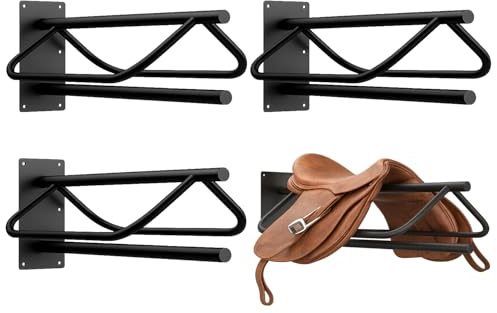 Maeklon 4 Pack Wall Mounted Saddle Racks with Pad Bar, Heavy Duty Saddle Rack Stand, Horse Tack Storage for English Western Saddles, Blankets, Black