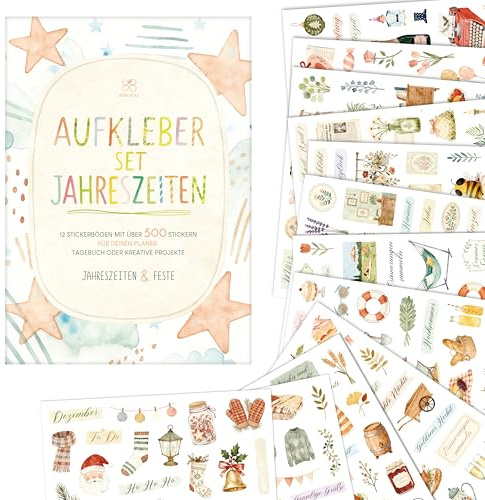 BIROYAL 12 Blätter Jahreszeiten Sticker Set - über 500 Scrapbook Sticker für Fotoalbum Bullet Journal Zubehör Deko - DIY Scrapbooking Aufkleber für Kinder Erwachsene Basteln Geschenke (17 x 24 cm)
