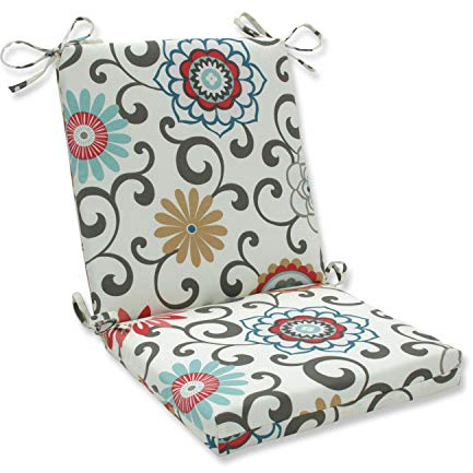 Pillow Perfect Bright Floral Indoor/Outdoor 1 Piece Solid Back Chair Cushion Set With Ties, 1 Count, 36.5 x 18, Blue/Brown Pom Pom Play