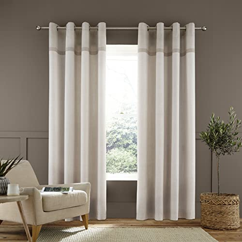 Catherine Lansfield Melville Woven Texture Cotton 66x54 Inch Eyelet Unlined Curtains Two Panels Natural
