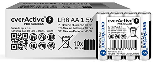 everActive AA Batterien 40er Pack, Pro Alkaline, Mignon LR6 R6 1.5V, höchster Leistung, 10 Jahre Haltbarkeit, 40 Stück