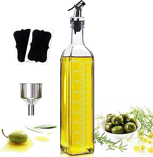 Bouteille/Distributeur D'huile D'olive 500 ml, Entonnoir en Acier Inoxydable et Étiquettes, Récipient avec Graduation Transparente, pour Cuisine et Barbecu