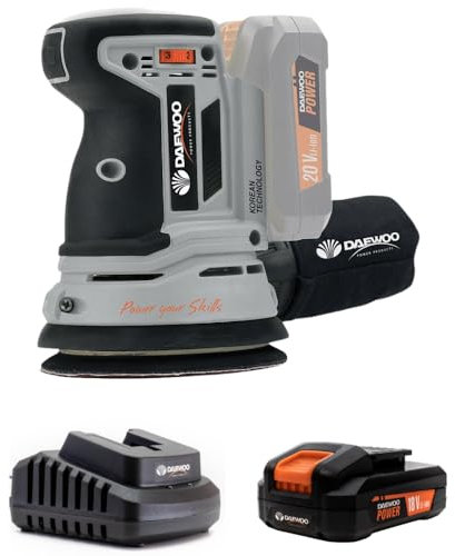 Daewoo U-Force Cordless Orbital Sander 125mm + 2.0Ah Battery + Charger | Compatible with Hook and Loop Pads | 10,000 RPM Speed | Dust Collector Bag | 3pcs Sanding Sheets | DALOS18-1
