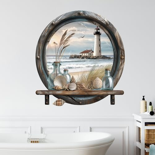 GRAZDesign Wandtattoo maritim Bad Fenster Ozean, Wandaufkleber Badezimmer Flur Schlafzimmer, Folie selbstklebend - 53x50cm / mehrfarbig