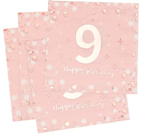 Servietter 9. födelsedag, 30 st. rosa födelsedagsservetter, Happy Birthday 9 serviett, 3-skiktig Milestone 9 bordsdekoration, pappersservetter för flickors födelsedagsfirande, fest, jubileum