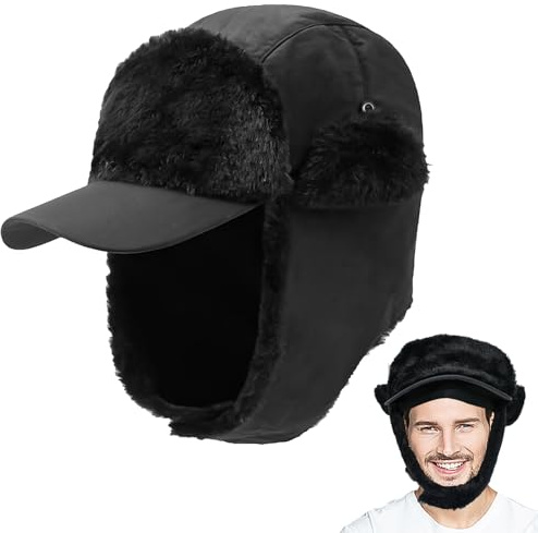 YBCCBY Warme Trappermütze Fliegermütze mit Ohrenklappen Winter Cap Russenmütze Schwarz Wintermütze Herrenmütze Baseballmütze Mütze Herren Ohren Fellmütze Earflap Cap