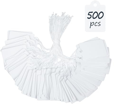 Uniclife 500 Pezzi Cartellini Prezzi 2,5 cm Etichette Prezzi Scrivibili Etichette Espositive Bianche Etichette di Marcatura Vuote con Corde Appese per Abbigliamento Gioielli Forniture Garage e Regali