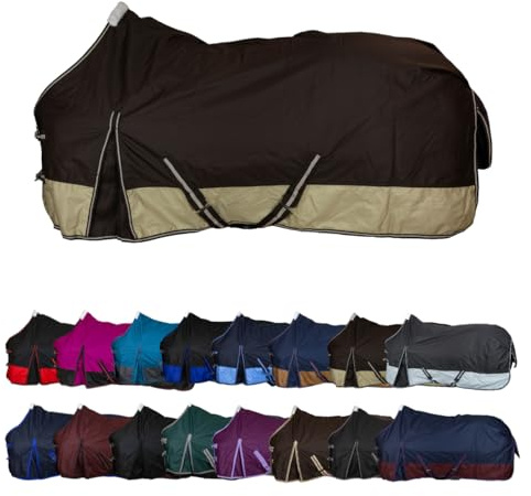 RL24 - Weidedecke 600D Basicline – Regendecke & Übergangsdecke – Wind- & wasserdichte Outdoordecke mit Innenfutter & Kreuzbegurtung – Pferdedecke in Braun/Beige – 145cm (Polarfleecefutter)