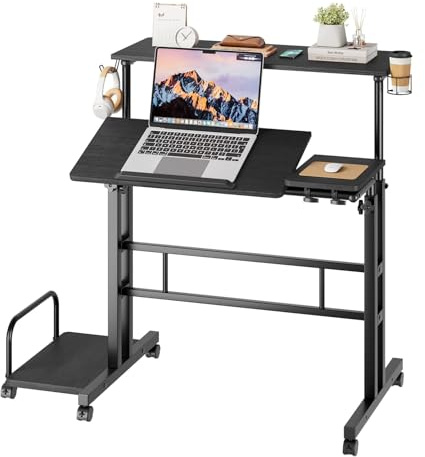 Dripex Bureau debout réglable en hauteur avec station de travail assise-debout avec roulettes, Bureau debout mobile avec plateau inclinable, 80x60 cm, Station de travail pour ordinateur portable pour