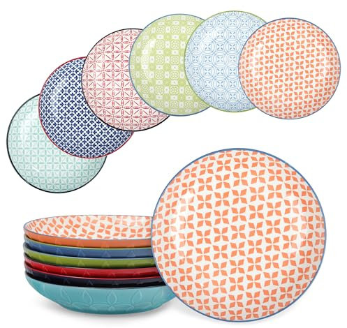 fanquare Juego de 6 boles para pasta de 20 cm, ensaladeras de cerámica anchas y poco profundas, platos de porcelana de colores surtidos para postres, platos para aperitivos