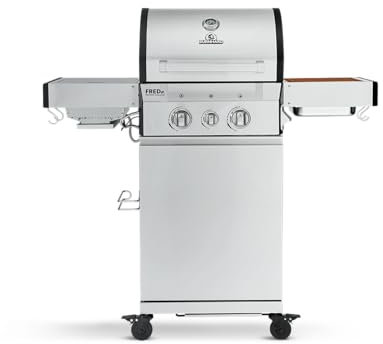 BURNHARD® - Deutsche Marke - 2-Brenner Gasgrill FRED Jr. Deluxe + 4-tlg. Edelstahl Grillbesteck, inkl. 900°C Infrarot-Keramikbrenner, Gusseisen-Grillrost, Grillabdeckung, Edelstahl Grillwagen