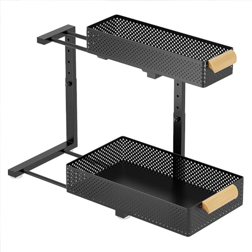 Crevyteg Organiseur de rangement sous évier, étagère de rangement coulissante en métal à 2 niveaux pour cuisine, salle de bain, comptoir, noir