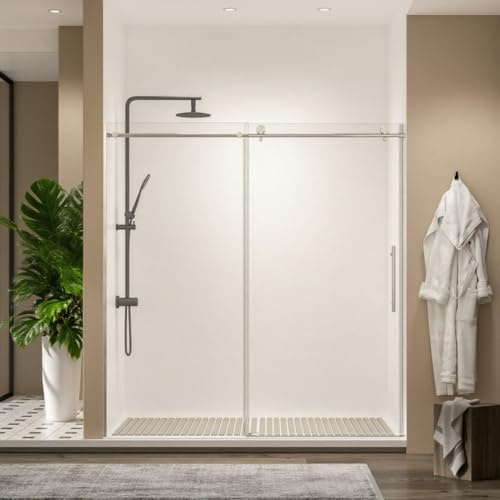 Frameless Sliding Shower Door 72” W x 76” H, 3/8” Tempered Glass, Single Bypass Shower Enclosure with Reversible Door, Quiet Rollers, Anti-Jump Safety System,Brushed Nickel Stainless Steel