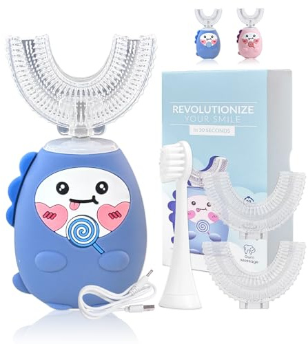 3PCS Kids Electric U Shaped Toothbrush, 360º Automatic Ultrasonic Toothbrush for Toddler & Children - Rechargeable Sonic Toothbrushes & Accessories with 2 Replacement Heads (Blue 2-12 Years Old)