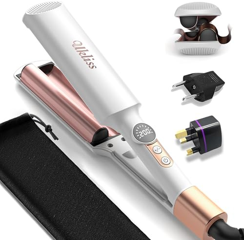 Mini Waver Crimper Hair Tool for Women Short Hair Travel 0.4 inch Double Barrel Small S Waver Curling Iron Dual Voltage (110-240V) with European Plug Adapter, 5 Temps for Dating, Daily (White Gold)