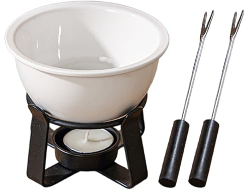 Tasse à fondue au chocolat, tasse à fondue au chocolat, mini ensemble en céramique avec 2 fourchettes tremper et base en métal pour fromage, beurre, caramel