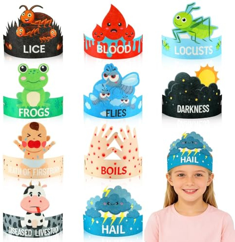 AUGSUN Passover Plagues Felt Crowns, 20 Piece Seder Table Celebration Set with 10 Designs for Holiday Crafts and Educational Fun Classroom Gifts