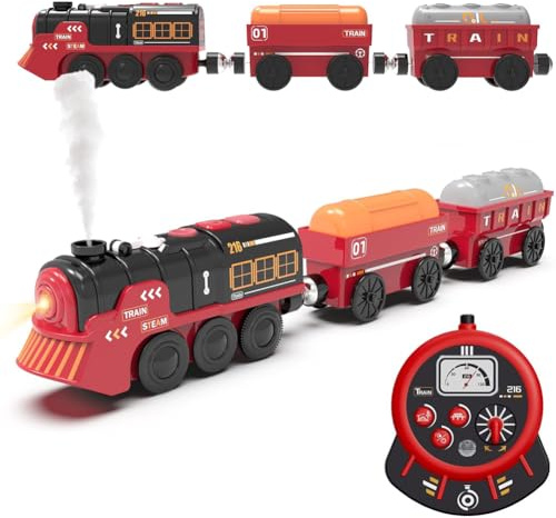 TOPLIVING Juguete eléctrico teledirigido para rieles de madera, tren motorizado y con luz, sonido y humo, locomotora de vapor compatible con Thomas, Brio, Chuggington.