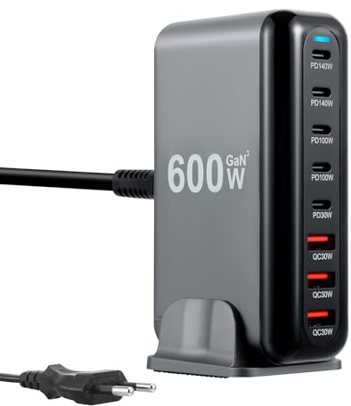Caricatore USB C multiplo 600 W, caricabatterie rapido PD QC PPS a 8 porte GaN III, 5 USB-C e 3 USB-A, adattatore per stazione di ricarica multiporta, compatibile con MacBook Pro, Air, Dell, iPhone
