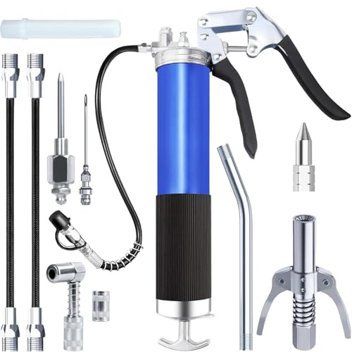 VHV Fettpresse Set 10 TLG, Fettpresse für Schmiernippel Schwerlastes Schmierpressen 8000 PSI mit Pistolengriff, Schnellverschlusskupplung und Flexschlauch für 400g Kartuschen (Blau)