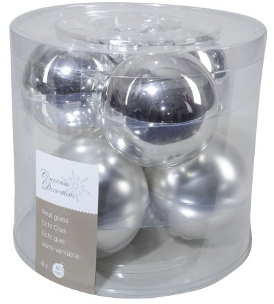 6 Weihnachtskugeln / Christbaumkugeln, aus Glas, 80 mm, glanz/matt, silber