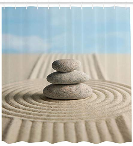 Ambesonne Rock Shower Curtain, Bundle of Stones Centered in Raked Sand Clear Sky, Cloth Fabric Bathroom Decor Set with Hooks, 105 Extra Wide, Pale Blue Grey Yellow