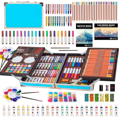 KINSPORY Maletin Pinturas para Niños, 139 piezas Juegos de Dibujo, Acuarelas Lapices con caja de madera (Azul)