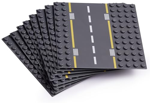 Apostrophe Games Building Block Road Base Plates Compatible with Large Bricks – 8Pcs Straight and Curved Road Construction Blocks – 7.5 x 7.5 Inch Street Baseplates, STEM Learning