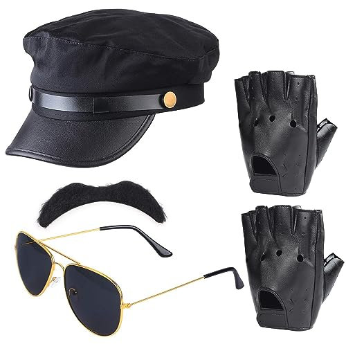 Beefunny Chauffeur Cap Limo Taxifahrer Thema Hut Handschuhe Krawatte Kit Kostüm Hochzeit Fahrer Service Chauffeur Set (Schwarz1)